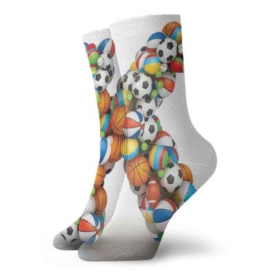 GULTMEE Fashion Compression Socks,Alphabet Letter With Gaming Balls Of Popular Sports Fun Initial Monogram Design,Performance Polyester Cushioned Athletic Crew Socks for Running,Athletic, -12 inch