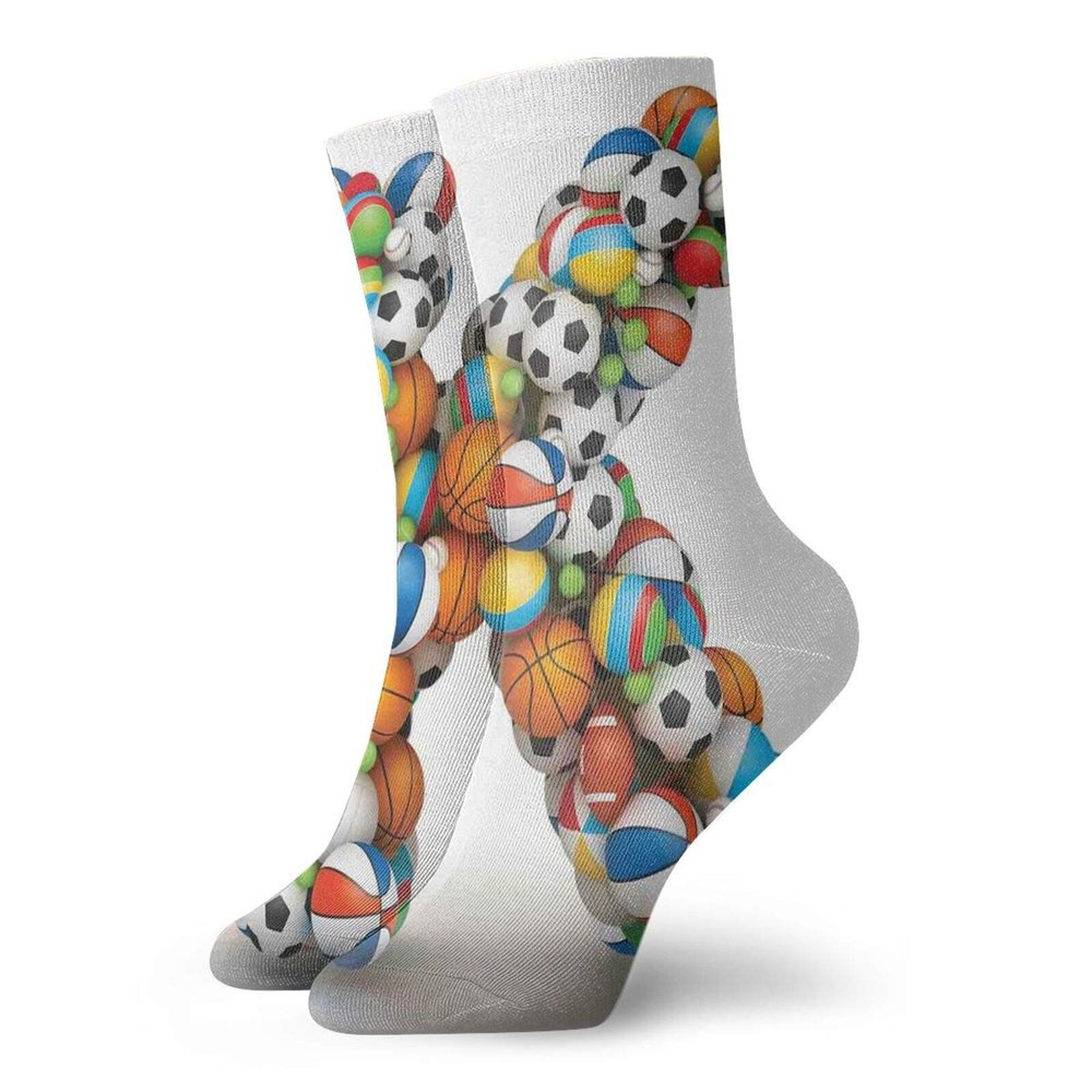 GULTMEE Fashion Compression Socks,Alphabet Letter With Gaming Balls Of Popular Sports Fun Initial Monogram Design,Performance Polyester Cushioned Athletic Crew Socks for Running,Athletic, -12 inch