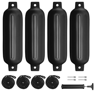 Sailortenx Boat Fenders 4 Pack 4.5''Inflatable Ribbed Marine Boat Fender with Fender Lines 6.5 ft Needles and Pump for Twin Eyes Boat Fender Bumpers for Docking Fenders Use to Yacht Etc
