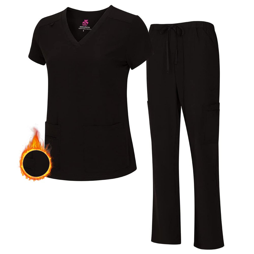 M&M SCRUBS Women's Stretch Scrub Set - Cool V-Neck Top & Cargo Pant, Breathable Moisture Wicking Medical Uniform (Black, Small)