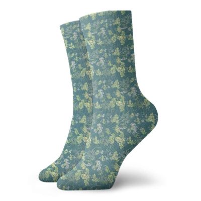 Leaves Fashion Compression Socks,Pale Colored Foliage With Curly Stems,Performance Polyester Cushioned Athletic Crew Socks for Running,Athletic,Pale Green Teal White -12 inch