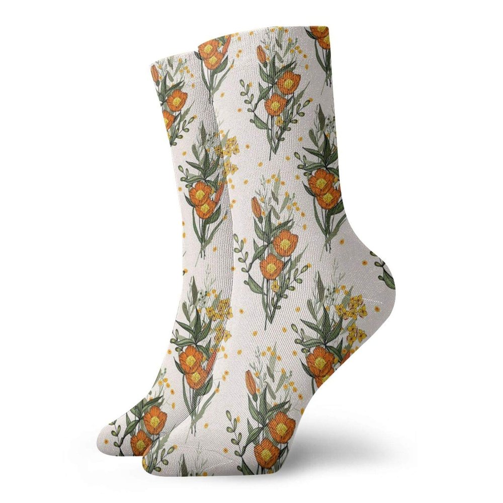 GULTMEE Funny Compression Socks Women and Men,Vintage Tropic Flower Leaves California Poppy,Best for Circulation,Running,Athletic,Nurse,Travel, -12 inch