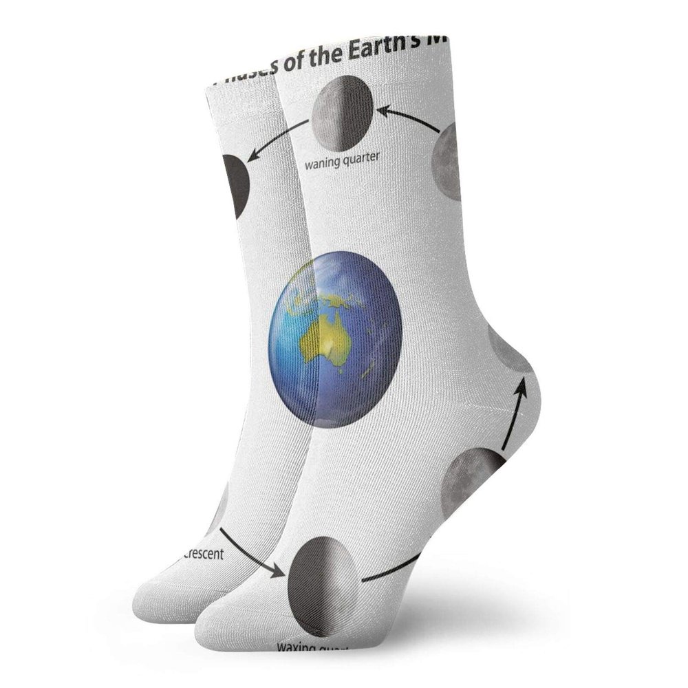 GULTMEE Educational Funky Colorful Cushion Sport Socks,Phases On The Moon As Seen,Athletic Cushioned Running Performance Crew Socks For Men/Women,Black Grey Blue -12 inch