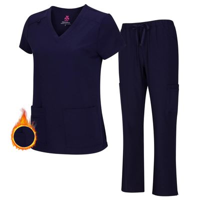 M&M SCRUBS Women's Stretch Scrub Set - Cool V-Neck Top & Cargo Pant, Breathable Moisture Wicking Medical Uniform (Navy, Small)