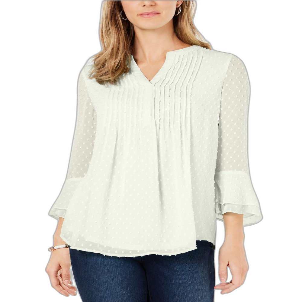 Charter Club Womens White Ruffled Textured Relaxed Fit; Pintucks, Lined 3/4 Sleeve Split Wear to Work Blouse L