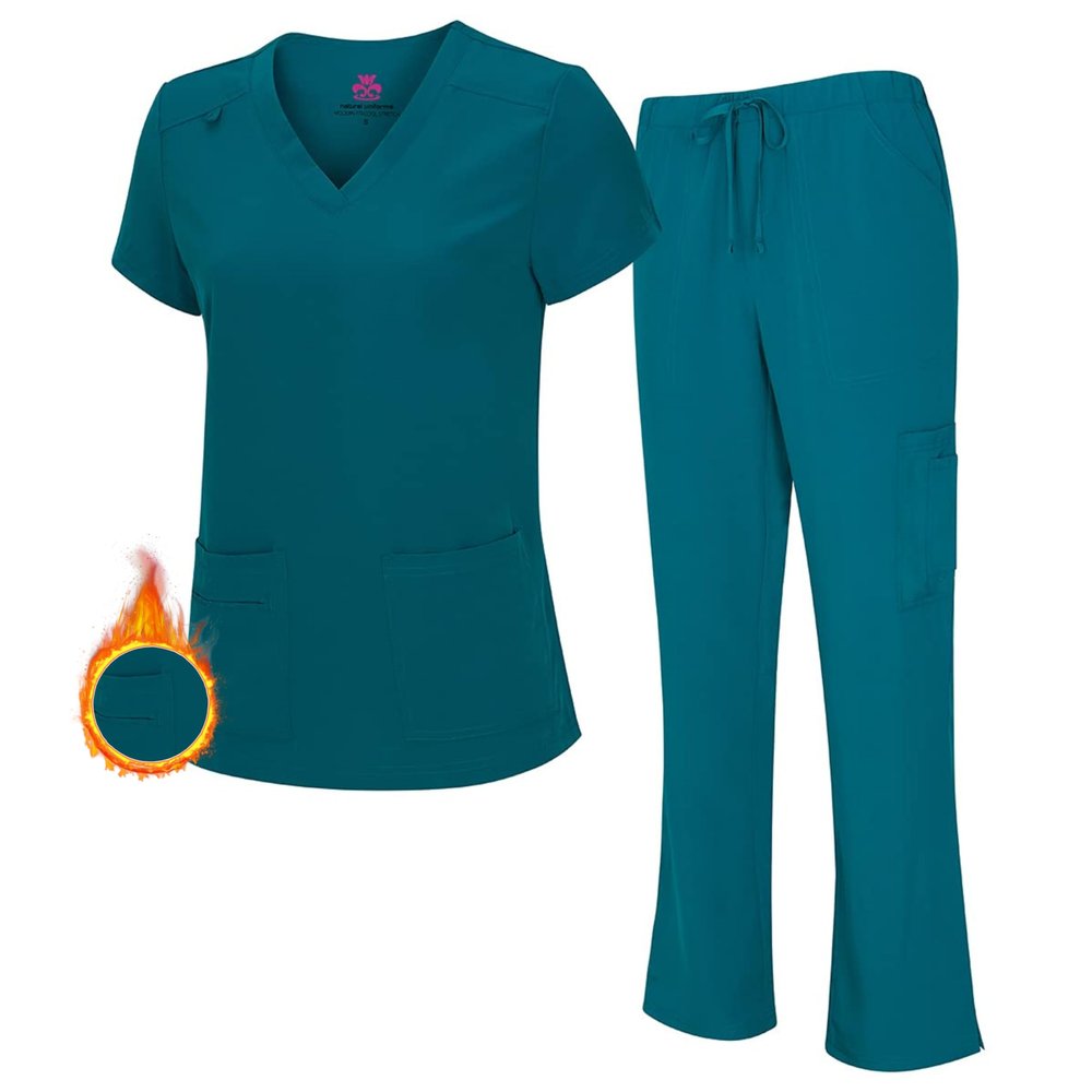 M&M SCRUBS Women's Stretch Scrub Set - Cool V-Neck Top & Cargo Pant, Breathable Moisture Wicking Medical Uniform (Teal, Large)