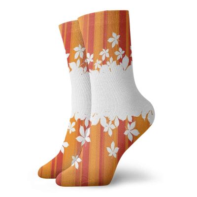 GULTMEE Funny Compression Socks Women and Men,Autumnal Color Vertically Striped Backdrop With Little Wildflowers Border,Best for Circulation,Running,Athletic,Nurse,Travel, -12 inch
