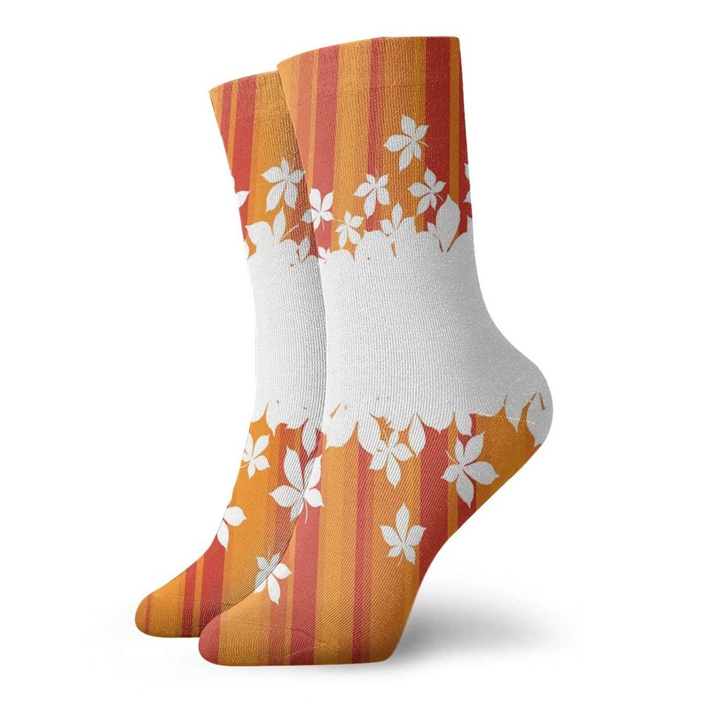 GULTMEE Funny Compression Socks Women and Men,Autumnal Color Vertically Striped Backdrop With Little Wildflowers Border,Best for Circulation,Running,Athletic,Nurse,Travel, -12 inch