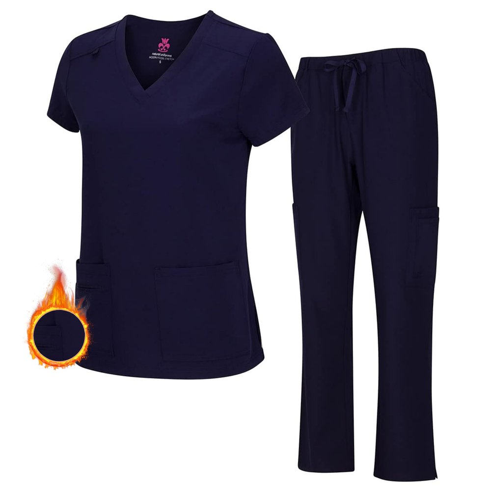 M&M SCRUBS Women's Stretch Scrub Set - Cool V-Neck Top & Cargo Pant, Breathable Moisture Wicking Medical Uniform (Navy, X-Small)