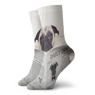 GULTMEE Pug Funky Colorful Cushion Sport Socks,Puppy Reading The Newspaper On The,Athletic Cushioned Running Performance Crew Socks For Men/Women,Cream Black White -12 inch