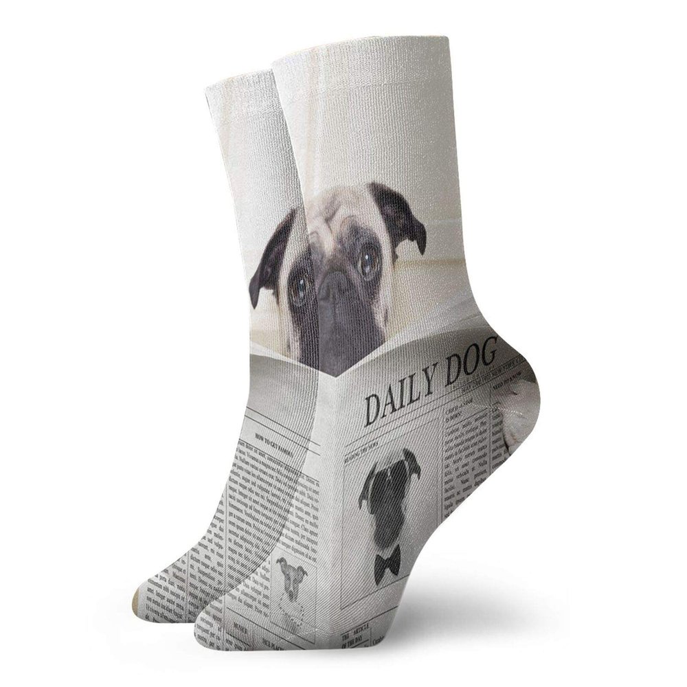 GULTMEE Pug Funky Colorful Cushion Sport Socks,Puppy Reading The Newspaper On The,Athletic Cushioned Running Performance Crew Socks For Men/Women,Cream Black White -12 inch