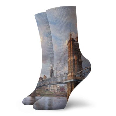 GULTMEE Cincinnati Funky Colorful Cushion Sport Socks,Architecture Bridge Building Exterior Cityscape Busy,Athletic Cushioned Running Performance Crew Socks For Men/Women,Multicolor -12 inch