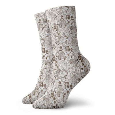 GULTMEE Chocolate Funky Colorful Cushion Sport Socks,Classical Victorian Flowers and Leaves Abstract,Athletic Cushioned Running Performance Crew Socks For Men/Women,Brown White -12 inch