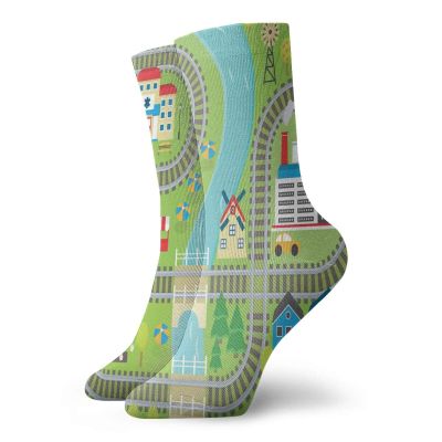 GULTMEE Funny Compression Socks Women and Men,Country Community Themed Activity Filled Town Amusement Park Farm Hospital,Best for Circulation,Running,Athletic,Nurse,Travel, -12 inch