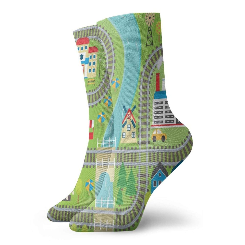 GULTMEE Funny Compression Socks Women and Men,Country Community Themed Activity Filled Town Amusement Park Farm Hospital,Best for Circulation,Running,Athletic,Nurse,Travel, -12 inch
