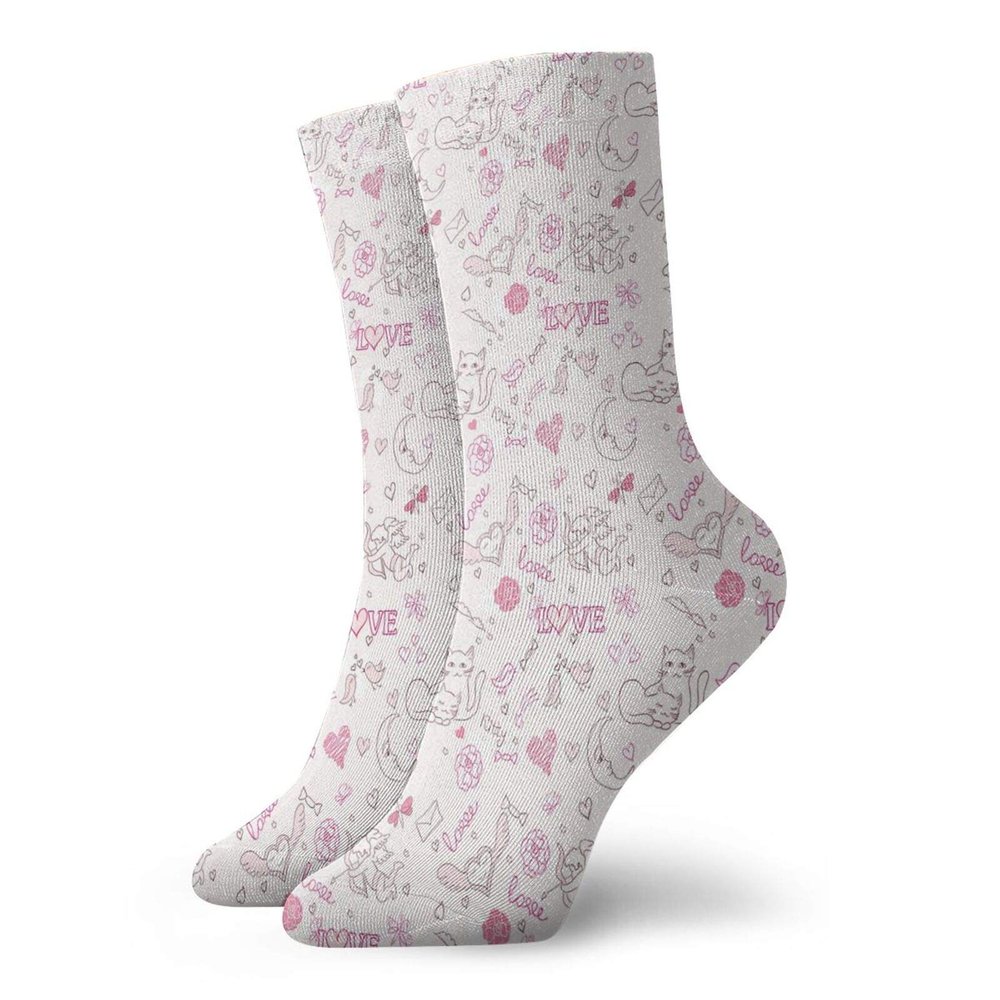 GULTMEE Love Fashion Compression Socks,Hand Drawn Style Valentines Icons Kissing,Performance Polyester Cushioned Athletic Crew Socks for Running,Athletic,Pale Coral Pink Brown -12 inch