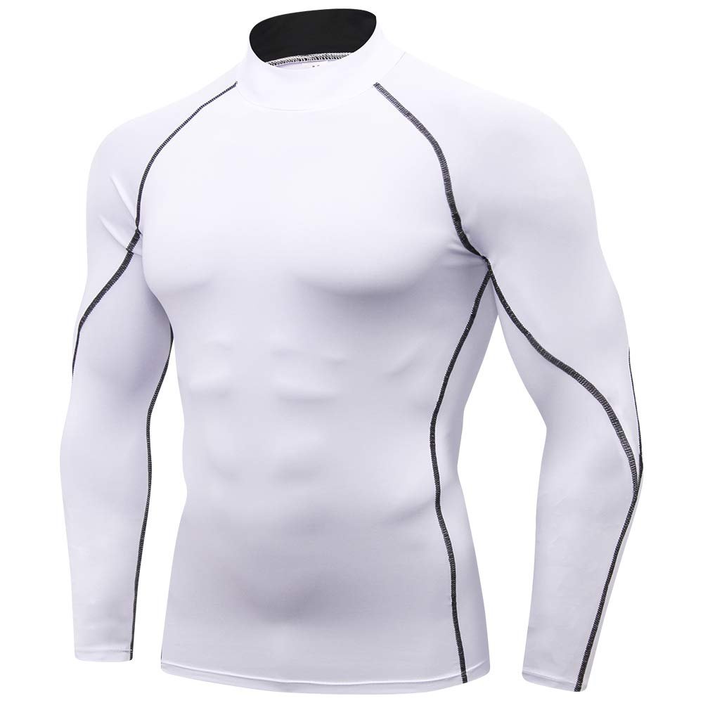 Men's Compression Shirts Long Sleeve Athletic Workout Tops Gym Undershirts Active Sports Baselayers White Large