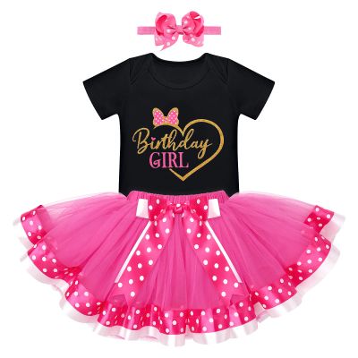 IDOPIP 1/2 1st 2nd Birthday Girl Outfit for Baby Girls Romper Polka Dot Tutu Skirt Bowknot Headband Party Dress Mini 3PCS Clothes Set for Cake Smash Photo Prop Black + Hot Pink Heart 2 Years