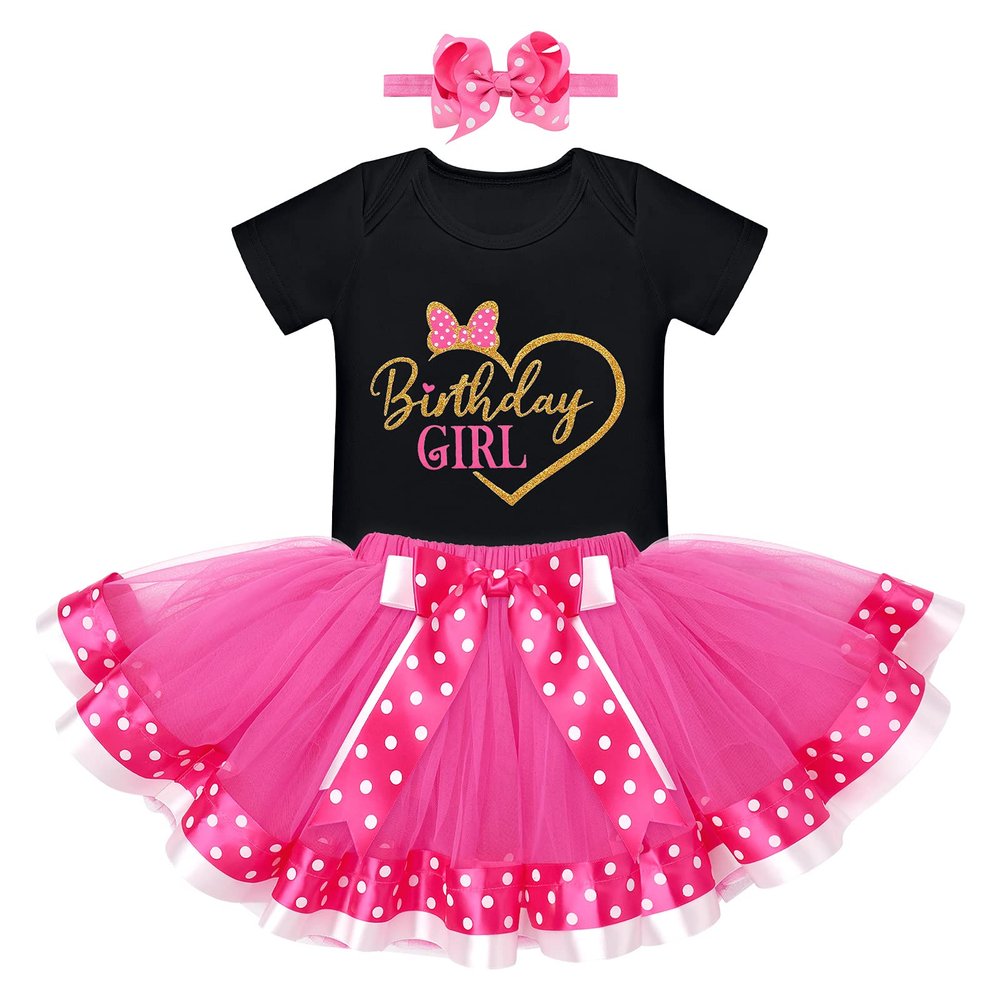 IDOPIP 1/2 1st 2nd Birthday Girl Outfit for Baby Girls Romper Polka Dot Tutu Skirt Bowknot Headband Party Dress Mini 3PCS Clothes Set for Cake Smash Photo Prop Black + Hot Pink Heart 2 Years