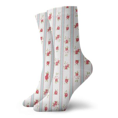 GULTMEE Shabby Chic Fashion Compression Socks,Vertical Borders Cute Rose Blooms Cottage,Performance Polyester Cushioned Athletic Crew Socks for Running,Athletic,Baby Blue Dark Coral Green -12 inch