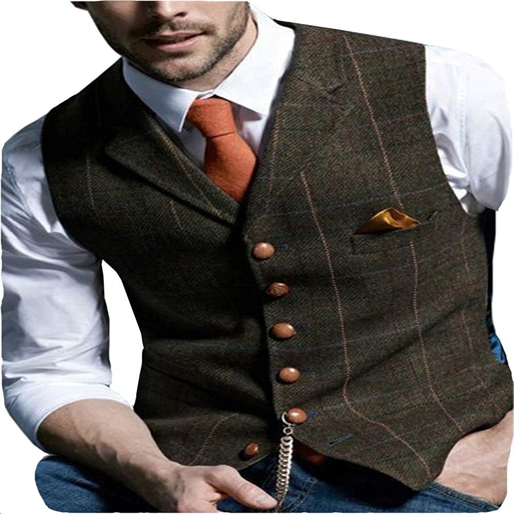 Men's Slim Fit Herringbone Tweed Suits Vest Premium Wool Blend Waistcoat(Dark Green,Large)
