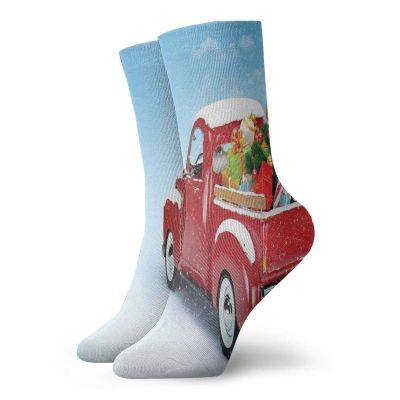 GULTMEE Christmas Fashion Compression Socks,Red Classical Pickup Truck With Tree,Performance Polyester Cushioned Athletic Crew Socks for Running,Athletic,Blue Red -12 inch