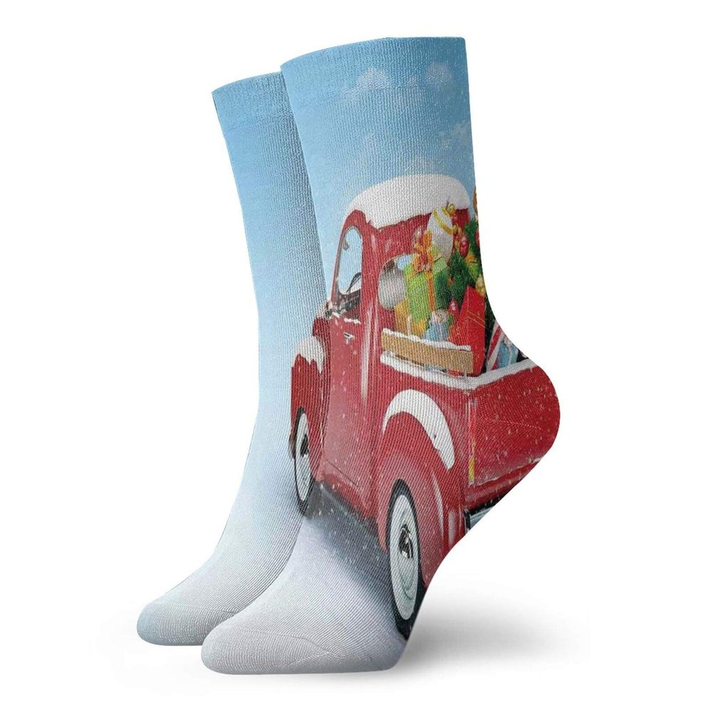 GULTMEE Christmas Fashion Compression Socks,Red Classical Pickup Truck With Tree,Performance Polyester Cushioned Athletic Crew Socks for Running,Athletic,Blue Red -12 inch