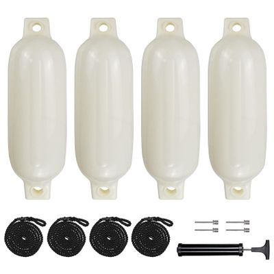 Sailortenx Boat Fenders 4 Pack 4.5x16'' Inflatable Ribbed Marine Boat Fender Lines 6.5' Needles Pump for Boat Bumpers Fender for Docking Fenders White