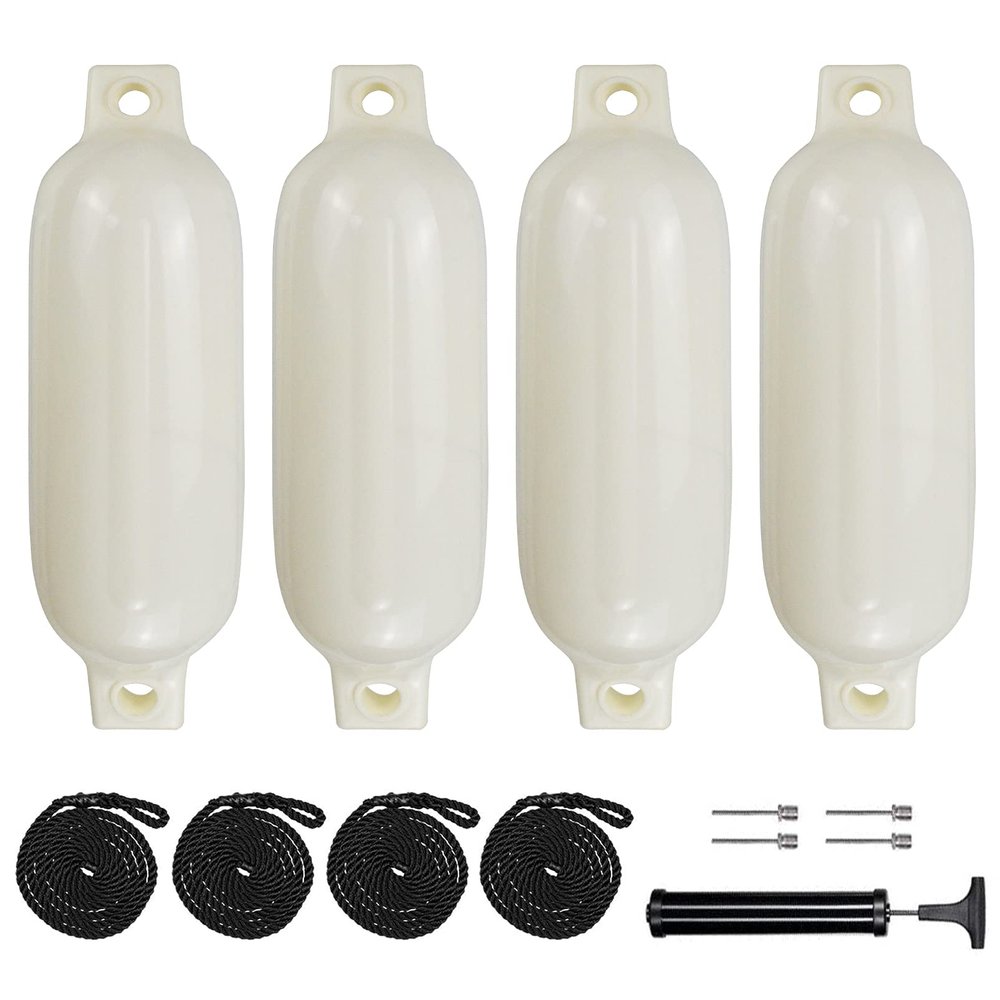 Sailortenx Boat Fenders 4 Pack 4.5x16'' Inflatable Ribbed Marine Boat Fender Lines 6.5' Needles Pump for Boat Bumpers Fender for Docking Fenders White