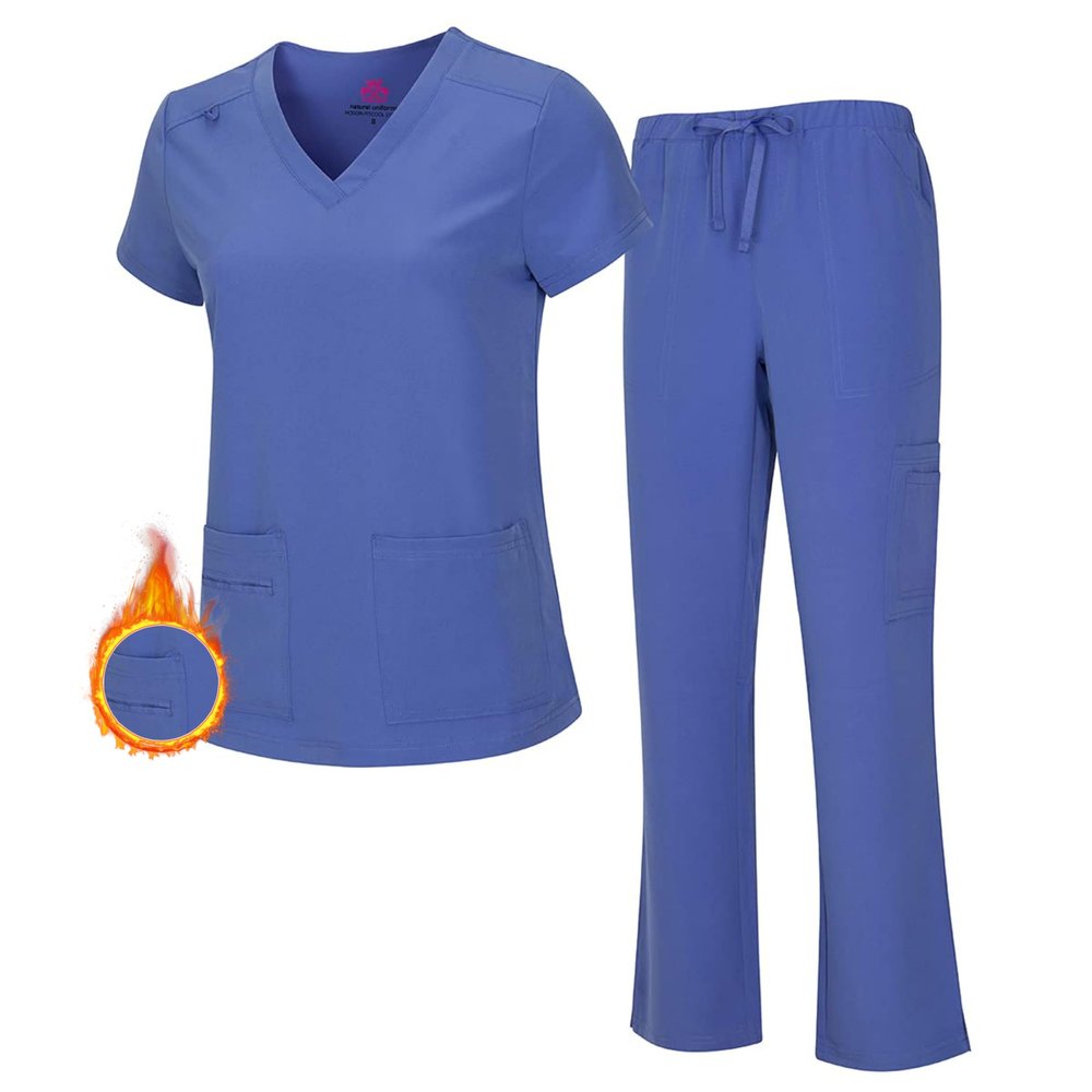 M&M SCRUBS Women's Stretch Scrub Set - Cool V-Neck Top & Cargo Pant, Breathable Moisture Wicking Medical Uniform (Ceil Blue, Medium)