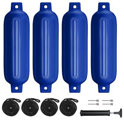 Sailortenx Boat Fenders 4 Pack 4.5x16'' Inflatable Ribbed Marine Boat Fender Lines 6.5' Needles Pump for Boat Bumpers Fender for Docking Fenders Blue