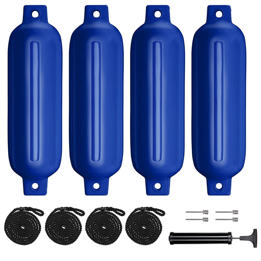 Sailortenx Boat Fenders 4 Pack 4.5x16'' Inflatable Ribbed Marine Boat Fender Lines 6.5' Needles Pump for Boat Bumpers Fender for Docking Fenders Blue