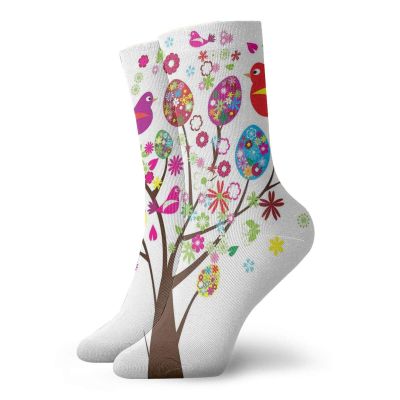 GULTMEE Birds Funky Colorful Cushion Sport Socks,Ornate Easter Tree With Floral Eggs,Athletic Cushioned Running Performance Crew Socks For Men/Women,Multicolor -12 inch