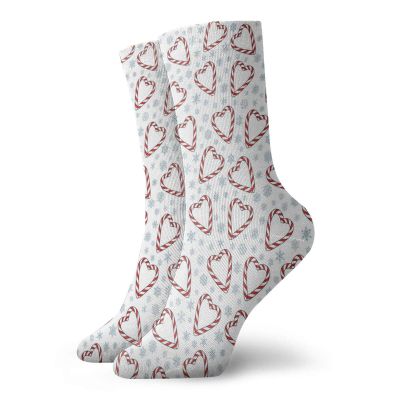Candy Cane Fashion Compression Socks,Christmasd Heart Shaped Candies And Snowflakes Winter Season,Performance Polyester Cushioned Athletic Crew Socks for Running,Athletic,Red Blue Grey White -12 inch