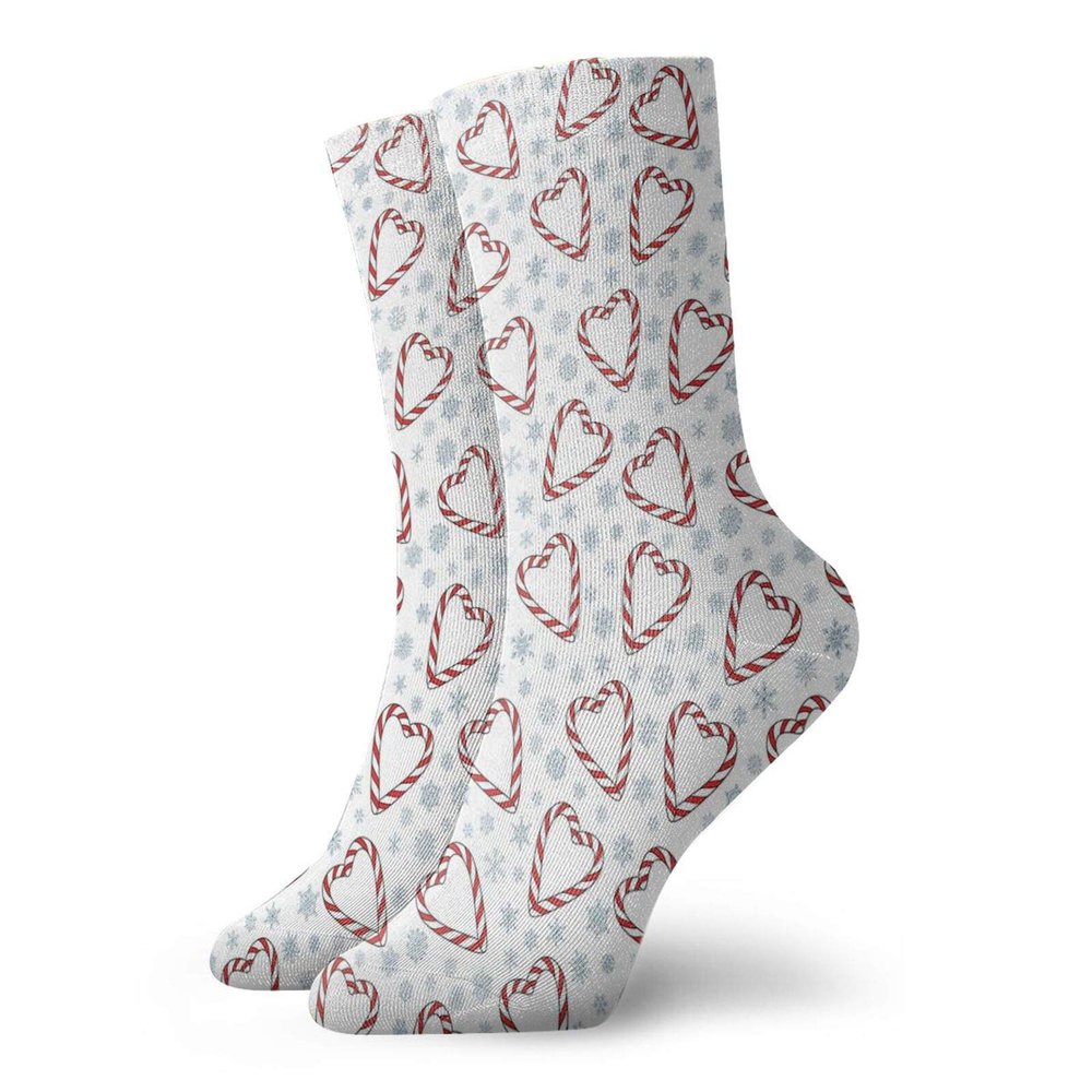 Candy Cane Fashion Compression Socks,Christmasd Heart Shaped Candies And Snowflakes Winter Season,Performance Polyester Cushioned Athletic Crew Socks for Running,Athletic,Red Blue Grey White -12 inch