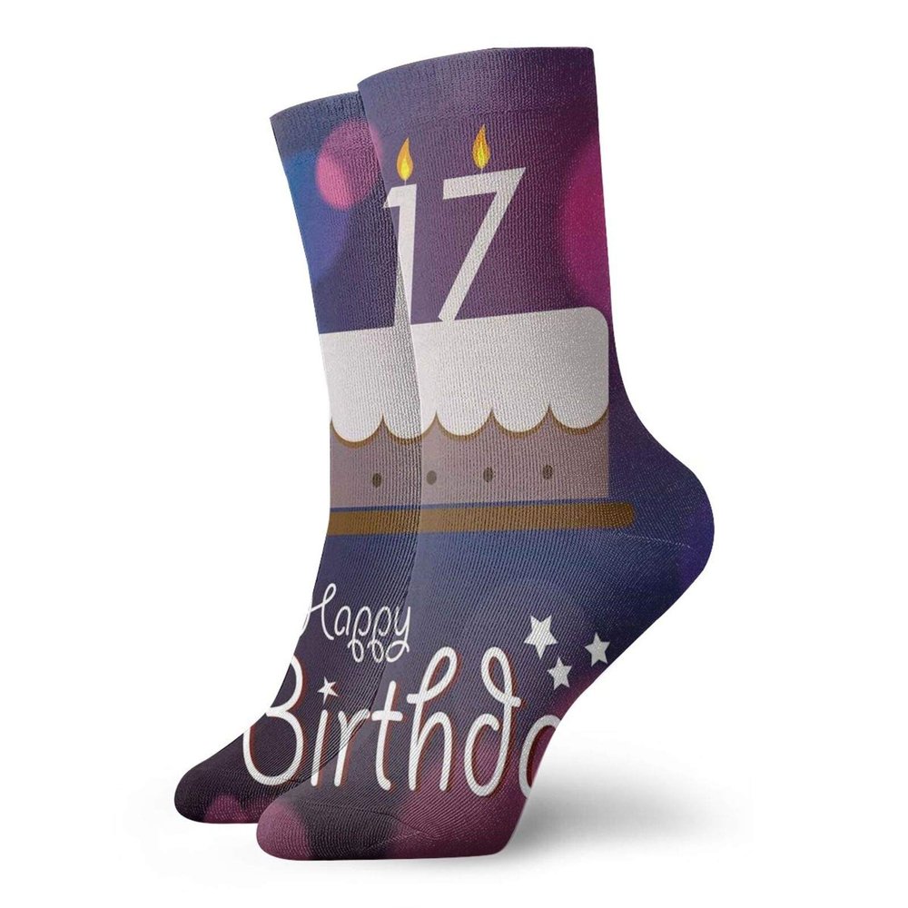 17th Birthday Fashion Compression Socks,Seventeen Party Cake With Abstract Circles Art Print,Performance Polyester Cushioned Athletic Crew Socks for Running,Athletic,Lilac Purple And Pink -12 inch