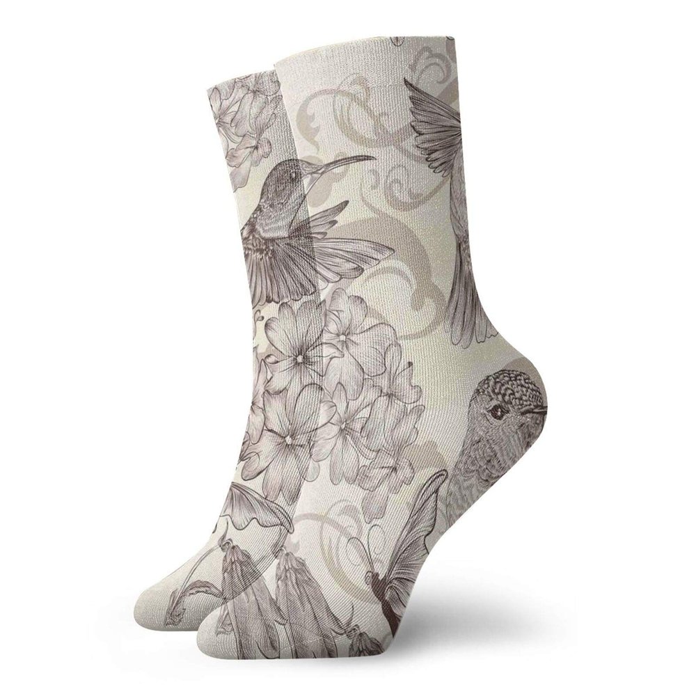 GULTMEE Funny Compression Socks Women and Men,Birds And Flowers Monochromic Classical Design Nostalgia Ornate Festive,Best for Circulation,Running,Athletic,Nurse,Travel, -12 inch