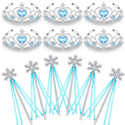 Chalyna 12 Pcs Princess Crowns Tiara Wand for Little Girl Silver Heart Jewel Plastic Tiara Winter Gift for Birthday(Blue,Snowflake Style)
