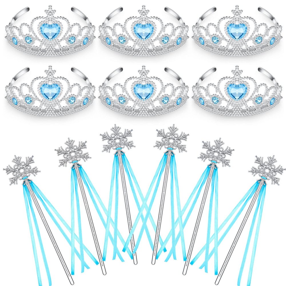 Chalyna 12 Pcs Princess Crowns Tiara Wand for Little Girl Silver Heart Jewel Plastic Tiara Winter Gift for Birthday(Blue,Snowflake Style)