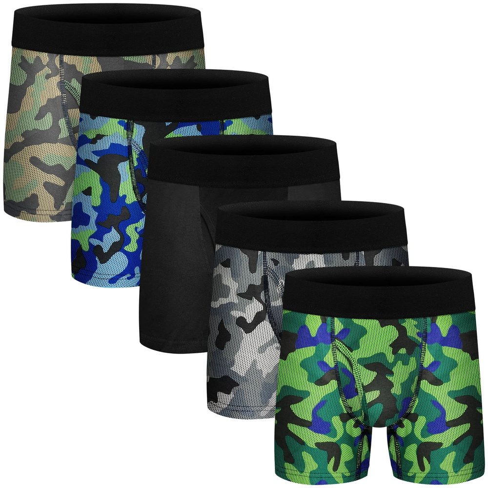 CONKEND Boys Boxer Briefs Cotton Underwear for Big Boys Toddler Breathable Soft Mesh Performance Sport Boxers Briefs with Fly 5 Pack 14-16