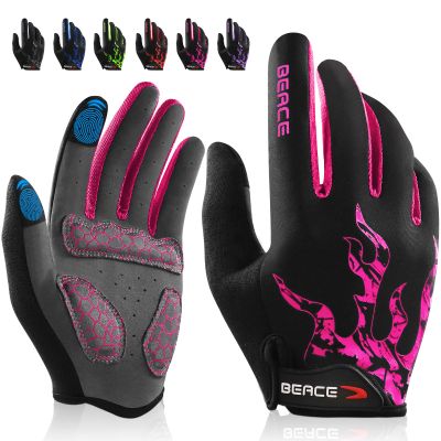 BEACE Gloves for Cycling Bike Biking with Touch Screen-Full Finger Mountain Bike Workout Road Gloves with Anti-Slip Silicone Palm for Men Women (Rose Red, M)