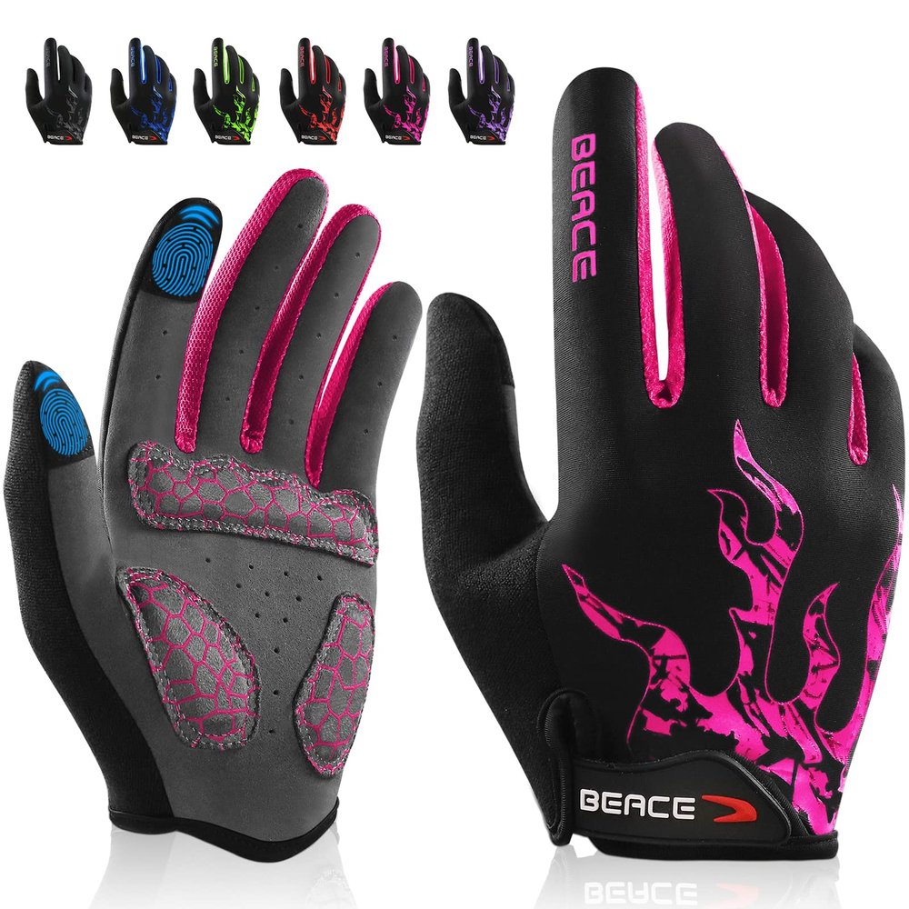 BEACE Gloves for Cycling Bike Biking with Touch Screen-Full Finger Mountain Bike Workout Road Gloves with Anti-Slip Silicone Palm for Men Women (Rose Red, M)