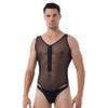 ACSUSS Men Mesh Deep V Neck Bodysuit Strappy Lace-up Front Short Sleeve Sheer Leotard Nightwear 2# Black Small view 2