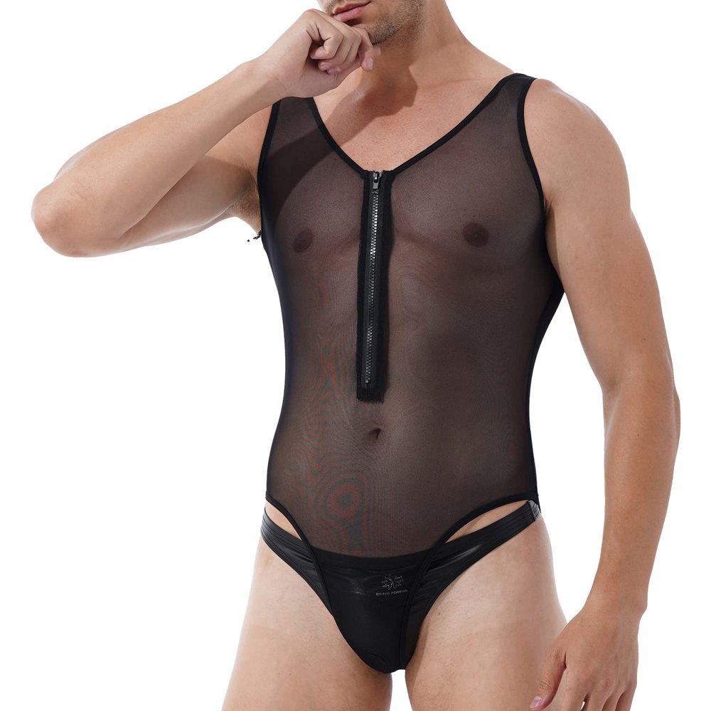 ACSUSS Men Mesh Deep V Neck Bodysuit Strappy Lace-up Front Short Sleeve Sheer Leotard Nightwear 2# Black Large