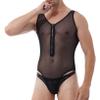 ACSUSS Men Mesh Deep V Neck Bodysuit Strappy Lace-up Front Short Sleeve Sheer Leotard Nightwear 2# Black Large view 1