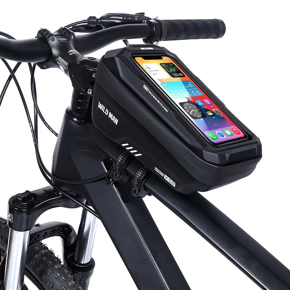 WILD MAN 1L Quick Release Waterproof Bike Front Frame Bag Phone Holder with Touch Screen Top for Mountain Road Bike MTB Cycling (XS2, Black)