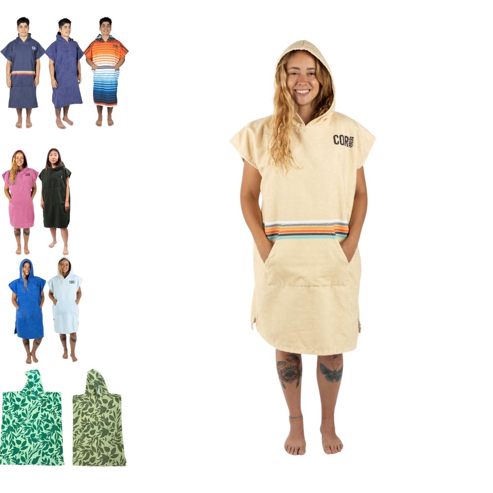 COR Surf Poncho Changing Towel Robe with Hood and Front Pocket | Thick Quick Dry Microfiber Wetsuit Poncho Towel for Surfing Beach Pool Swim (Medium - Retro Sand)