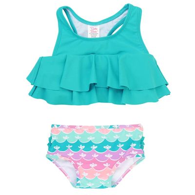 RuffleButts Girls UPF50+ Sun Protection Flounce Bikini Two Piece Swimsuit - Mermaid, 12-18m