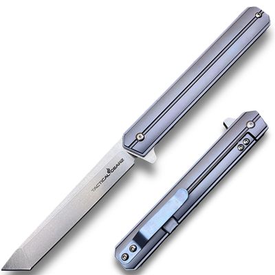 TACTICAL GEARZ Titanium Pocket Knife, Solid Tc4 Titanium Handle, D2 Steel Tanto Blade, Includes Sheath (Seren Midnight Blue)