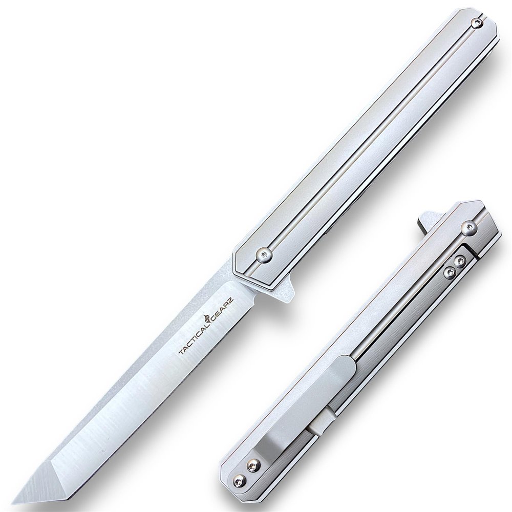 TACTICAL GEARZ Titanium Pocket Knife for EDC, Solid Tc4 Titanium Handle, D2 Steel Tanto Blade, Includes Sheath (Seren Platinum)